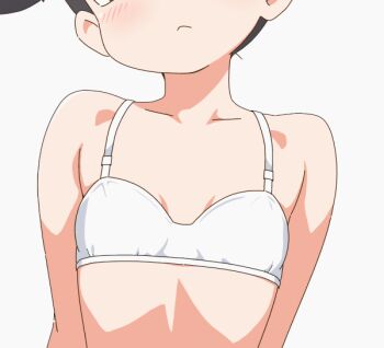 1girl animated animated_gif black_hair blush bouncing_breasts bra bra_lift breasts closed_mouth clothes_lift collarbone goldmondsel head_out_of_frame loli nipples original simple_background small_breasts solo underwear upper_body white_background white_bra