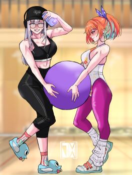 1980s_fashion aerobics blush breasts cleavage earrings highleg highleg_leotard highres hololive hololive_english hololive_indonesia hoop_earrings jasper_xandros jewelry large_breasts leggings leotard looking_at_viewer multicolored_hair official_alternate_costume orange_hair pantyhose pavolia_reine pink_leggings pink_pantyhose print_leotard purple_eyes purple_leggings reflective_clothes smile takanashi_kiara takanashi_kiara_(fever_night) virtual_youtuber white_leotard