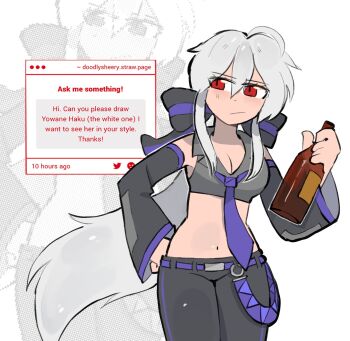 1girl beer_bottle black_bow black_pants black_sleeves bottle bow breasts cleavage closed_mouth collared_shirt commentary crop_top detached_sleeves english_commentary english_text expressionless grey_shirt hair_bow hand_on_own_hip highres holding holding_bottle long_hair looking_to_the_side medium_breasts mitsuko_tan navel necktie pants purple_necktie purple_trim red_eyes shirt sidelocks solo strawpage twitter_logo very_long_hair vocaloid white_background white_hair yowane_haku zoom_layer