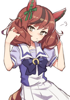 1girl animal_ears bow brown_hair brown_tail closed_mouth ear_bow ear_covers gazacy_(dai) hands_up highres horse_ears horse_tail jaggy_lines looking_at_viewer pout puff_of_air puffy_short_sleeves puffy_sleeves raised_inner_eyebrows school_uniform short_sleeves solo tail tracen_school_uniform umamusume white_background