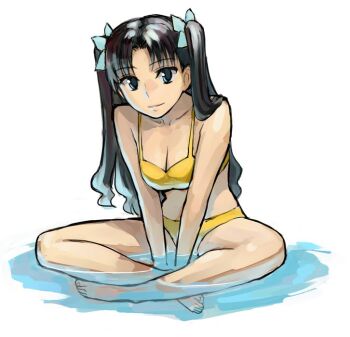 1girl alternate_breast_size_(larger) b_suke bikini black_hair blue_eyes breasts cleavage commentary_request fate/stay_night fate_(series) full_body in_water indian_style large_breasts shallow_water sitting solo swimsuit tohsaka_rin two_side_up water yellow_bikini