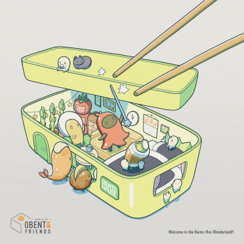 Rule 34 | 6+others, absurdres, bed, bento, black cat, calendar (object), cat, chopsticks, clock, cocktail pick, coffee mug, coffee table, cup, english text, food, food-themed furniture, food art, food costume, grey background, highres, holding, holding cocktail pick, holding food, mug, multiple others, obento friends, onigiri, original, oversized cocktail pick, plant, potted plant, shrimp, shrimp tempura, simple background, table, tako-san wiener, tempura, tti design, wall clock