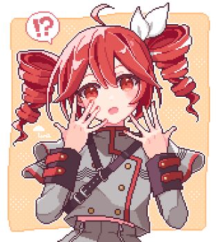 !? 1girl ahoge amefu_luna blush_stickers border buttons commentary double-breasted double-parted_bangs drill_hair grey_jacket hair_between_eyes hair_ribbon hands_up highres jacket kasane_teto kasane_teto_(sv) long_sleeves looking_at_viewer open_mouth outline outside_border polka_dot polka_dot_background red_eyes red_hair ribbon short_hair solo spoken_interrobang symbol-only_commentary synthesizer_v twin_drills upper_body utau white_border white_outline white_ribbon yellow_background