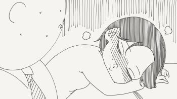 1boy 1girl against_table bald bar_(place) black_hair blush booth_seating closed_eyes commentary drunk ear_blush greyscale highres horideiyasumi mob_face monochrome necktie original puckered_lips short_hair slumped sweatdrop