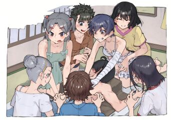 6+girls araragi_koyomi bandaged_arm bandages black_hair breasts brown_hair camisole choppy_bangs commentary commission dress english_text frilled_dress frills grey_hair grin hair_bun higasa_seiu highres kanbaru_suruga mayoko_reika medium_breasts medium_hair mixed-language_commentary monogatari_(series) multiple_girls ooki_seiko out_of_frame pajamas parted_bangs pixiv_commission purple_hair short_hair short_twintails shounou_mitono silvia_severe small_breasts smile teeth textless_version thomas_(aoakumasan) tongue tongue_out twintails umikawa_nikawa yellow_eyes