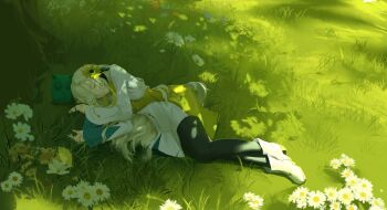 1girl absurdres black_pantyhose blonde_hair boots closed_eyes creature dress flower full_body gomidasu_(kamitsubaki_studio) grass grey_hair hair_flower hair_ornament hayasi_kiri highres isekaijoucho kamitsubaki_studio long_hair multicolored_hair nature outdoors pantyhose sleeping sunlight two-tone_hair