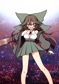 1girl :d absurdres adapted_costume arm_cannon black_jacket breasts brown_hair cleavage feet_out_of_frame green_skirt hair_between_eyes hair_flaps hekkmushi highres jacket long_hair looking_at_viewer open_mouth red_eyes red_pupils reiuji_utsuho shirt skirt sleeveless sleeveless_shirt smile solo star_(sky) third_eye third_eye_on_chest touhou weapon