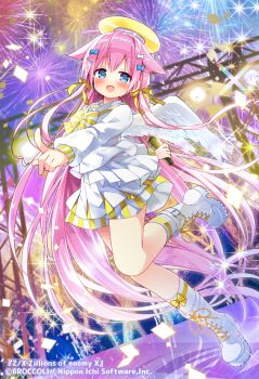 1girl aerial_fireworks blue_bow blue_eyes boots bow bow_legwear bowtie concert confetti copyright_notice feathered_wings fireworks hair_bow hair_ornament hair_ribbon hairpin halo holding holding_microphone kneehighs long_hair looking_at_viewer marie_(z/x) microphone nagayama_yuunon night night_sky official_art open_mouth pink_hair plaid_bow plaid_bowtie plaid_clothes pointing pointing_at_viewer ribbon shirt sky socks solo sparkle stage standing standing_on_one_leg traditional_halo very_long_hair white_boots white_bow white_shirt white_socks white_wings wings yellow_bow yellow_ribbon z/x