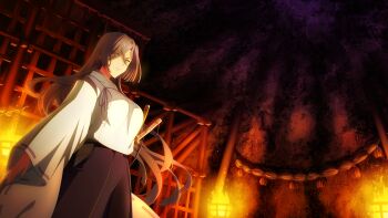 Rule 34 | 1girl, black hair, brazier, breasts, closed mouth, eyes visible through hair, fire, frown, game cg, hair over one eye, hakama, hakama skirt, japanese clothes, kariginu, katana, kimono, large breasts, long hair, long sleeves, looking at viewer, official art, orange eyes, origami yukari, purple hakama, skirt, solo, standing, sword, toji no miko, toji no miko: kizamishi issen no tomoshibi, very long hair, weapon, white kimono, wide sleeves