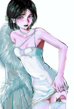 Rule 34 | 1girl, alien stage, alternate costume, bare shoulders, black hair, black lips, breasts, clothes lift, commentary, dress, dress lift, earrings, gun, highres, jewelry, meloncrumbs, necklace, pearl earrings, purple eyes, single strap, sleeveless, sleeveless dress, small breasts, solo, sphere earrings, sua (alien stage), symbol-only commentary, thighhighs, weapon, white background, white dress, white thighhighs