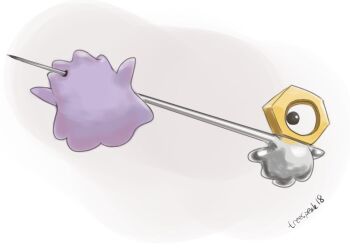 Rule 34 | colored skin, ditto, dryadese (artist), gen 1 pokemon, gen 7 pokemon, impaled, liquid metal, meltan, mythical pokemon, nintendo, no humans, pokemon, pokemon (creature), power connection, purple skin, signature, t-1000, terminator (series), the terminator, treespeakart