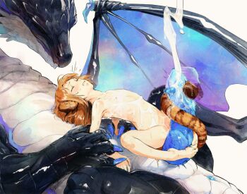 1boy 1girl animal_ears arm_held_back bestiality biting_own_lip blue_penis brown_hair butterchalk claws clenched_teeth closed_eyes colored_penis commission completely_nude cum cum_on_body cum_on_stomach dragon dragon_wings ejaculation excessive_cum flat_chest gigantic_penis hetero huge_penis leg_lock loli lying monster navel nipples nude on_back original penis projectile_cum pussy pussyjob short_hair simple_background size_difference spread_legs tail tail_wrap teeth uncensored western_dragon white_background wings