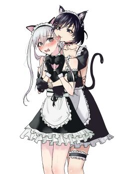 2girls ajishishi alternate_costume animal_ear_fluff animal_ears animal_hands apron bakemonogatari bakeneko bare_shoulders bell biting biting_ear black_dress black_hair blush bow cat_ears cat_girl cat_tail collarbone commentary dress english_commentary enmaided extra_ears frilled_apron frilled_thigh_strap frills full-face_blush gloves grey_eyes grey_hair hair_ornament hairclip hanekawa_tsubasa highres hug long_hair maid maid_apron maid_headdress monogatari_(series) multiple_girls neck_bell nekomonogatari nibbling oikura_sodachi open_mouth owarimonogatari paw_gloves puffy_sleeves purple_eyes reach-around ribbon short_hair simple_background tail tail_raised thigh_strap thighhighs twintails white_apron white_background