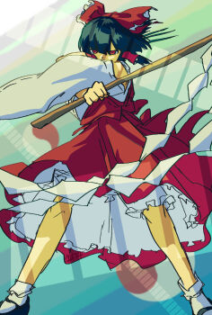 1girl black_hair black_shoes bloomers bow commentary_request detached_sleeves doggo_1d34 frilled_bow frilled_hair_tubes frills gohei hair_bow hair_tubes hakurei_reimu highres holding holding_gohei long_hair looking_at_viewer mary_janes ofuda orb red_bow red_eyes red_skirt ribbon-trimmed_sleeves ribbon_trim shoes skirt skirt_set socks solo touhou underwear white_bloomers white_socks yin_yang yin_yang_orb