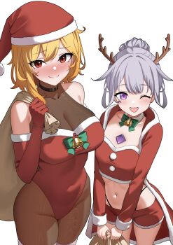 2girls ;d absurdres alternate_costume antlers bell black_bodystocking black_choker blonde_hair blush bow bowtie breasts chest_jewel choker closed_mouth coat collar crop_top double-parted_bangs elbow_gloves fur-trimmed_coat fur-trimmed_gloves fur-trimmed_headwear fur-trimmed_leotard fur_collar fur_trim gem gloves green_bow green_bowtie grey_hair hair_bun hat highleg highleg_leotard highleg_panties highres holding holding_sack hololive hololive_english hololive_indonesia horns jewel_under_eye kaela_kovalskia koseki_bijou large_breasts leotard looking_at_viewer midriff multiple_girls navel neck_bell one_eye_closed open_mouth panties panty_straps purple_eyes purple_gem raikkonen red_coat red_eyes red_gloves red_hat red_leotard red_shorts sack santa_costume santa_hat see-through_cleavage see-through_clothes short_hair short_shorts shorts simple_background single_hair_bun small_breasts smile swept_bangs underwear virtual_youtuber white_background white_collar
