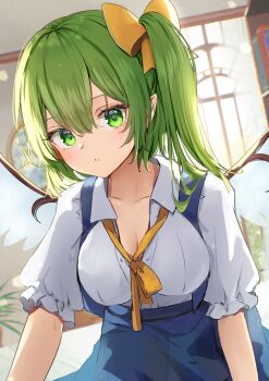 Rule 34 | 1girl, blue skirt, blue vest, blush, breasts, cleavage, collarbone, commentary request, daiyousei, fairy, fairy wings, green eyes, green hair, hair between eyes, highres, indoors, looking at viewer, medium breasts, medium hair, open clothes, open vest, parted lips, pointy ears, ribbon, shironeko yuuki, shirt, short sleeves, side ponytail, skirt, solo, touhou, vest, white shirt, wings