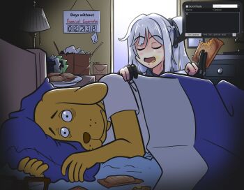 1boy 1girl 4chan ak-12_(girls'_frontline) arthur_(series) artist_name bags_under_eyes bed bedroom black_gloves breasts closed_eyes colored_skin desk dog drawer eating english_text food furry furry_male furry_with_non-furry girls'_frontline glasses gloves grey_hair hand_on_another's_shoulder highres hot_pocket indoors interspecies janitor john_morris lamp large_breasts long_hair long_sleeves mirror open_door open_mouth partially_fingerless_gloves pillow serjatronic shirt sign sleeping smile tactical_clothes unusually_open_eyes white_shirt yellow_skin
