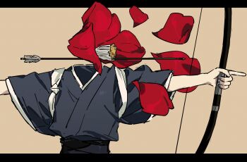 Rule 34 | 1boy, absurdres, archery, arrow (projectile), black kimono, bow (weapon), brown background, flower, from behind, gyu9447, highres, holding, holding arrow, holding bow (weapon), holding weapon, japanese clothes, kaito (vocaloid), kimono, kyuudou, letterboxed, male focus, manimani (vocaloid), object head, petals, red flower, simple background, solo, tasuki, upper body, vocaloid, weapon, wide sleeves