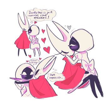2girls arms_behind_back arthropod_girl back_bow black_eyes black_skin blank_eyes blush blush_stickers bob_cut bow cloak closed_eyes colored_skin english_text female_focus full_body furry furry_female furry_with_furry hand_on_another&#039;s_cheek hand_on_another&#039;s_face heart highres holding_hands hollow_knight hollow_knight:_silksong hornet_(hollow_knight) kabedon kiss kissing_forehead knees_together_feet_apart knees_up lace_(hollow_knight) leaning_forward multiple_girls multiple_views no_feet red_cloak short_hair simple_background sitting sitting_on_lap sitting_on_person skittyplush speech_bubble standing talking thought_bubble u_u white_background white_bow white_eyes white_hair yuri