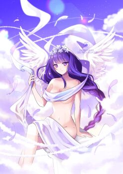 1girl alternate_costume alternate_universe angel angel_wings artist_name bare_shoulders blunt_bangs blurry blush braid breasts cleavage closed_mouth cloud cloudy_sky collarbone commentary depth_of_field english_commentary feathered_wings feathers floating genshin_impact gradient_sky head_tilt head_wreath jollyrose_art light_particles long_braid long_hair mole mole_under_eye multicolored_hair naked_ribbon navel night nude pillar purple_background purple_eyes purple_hair raiden_shogun ribbon shade single_braid sitting sky solo star_(sky) starry_sky stomach streaked_hair watermark white_feathers white_wings wings