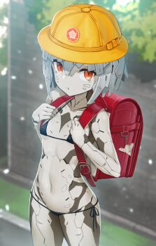1girl ace_combat ace_combat_7 android backpack bag bag_charm bikini black_bikini breasts charm_(object) expressionless grey_hair hat holding_strap loli looking_at_viewer mecha_musume micro_bikini mq-101 navel personification randoseru red_bag red_eyes robot_girl school_hat short_hair side-tie_bikini_bottom small_breasts solo swimsuit tom-neko_(zamudo_akiyuki)