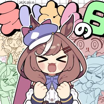 &gt;_&lt; 1girl :3 animal_ears blood blush_stickers bow brown_hair center_frills closed_eyes clothing_cutout dated ears_through_headwear frills grid_background hair_ornament hairclip hand_on_own_chin hat hat_bow highres horse_ears horse_girl long_hair long_sleeves matikanetannhauser_(panpaka_tiltott)_(umamusume) matikanetannhauser_(umamusume) mg_gumin multicolored_hair multiple_views nosebleed o3o open_mouth shoulder_cutout smile translation_request umamusume white_hair