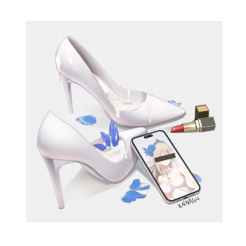 1girl bar_censor blonde_hair blue_flower blue_rose breasts bridal_veil cellphone cellphone_photo censored censored_identity cleavage cosmetics cum cum_on_body cum_on_clothes dress flower gem grey_background hair_flower hair_ornament high_heels highres iphone jewelry lipstick lipstick_tube long_hair makeup medium_breasts necklace petals phone rose shoes simple_background smartphone solo stiletto_heels strapless strapless_dress tiara unworn_shoes veil wedding_dress white_dress white_footwear xnnagu