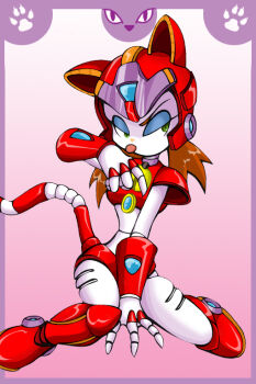 android animal_ears animal_hands armor armored_boots bell bikini_armor boots breastplate brown_hair cat_ears cat_girl cat_paws cat_tail claws forehead_jewel full_armor gauntlets gradient_background green_eyes headphones helmet jago_dibuja joints knee_boots kyatto_ninden_teyandee long_eyelashes makeup mechanical_boots midriff neck_bell no_humans pururun_(kyatto_ninden_teyandee) red_armor robot_girl robot_joints short_hair shoulder_armor tail tongue tongue_out two-tone_headwear two-tone_helmet