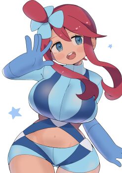 1girl blue_eyes blue_gloves blue_hair blue_shirt blue_shorts breasts commentary_request crop_top cropped_jacket dark-skinned_female dark_skin gloves hair_ornament highres hiiru_yamiama large_breasts looking_to_the_side navel nintendo one_side_up open_mouth pokemon pokemon_black_and_white red_hair shirt short_hair_with_long_locks short_shorts shorts sidelocks simple_background skyla_(pokemon) solo star_(symbol) teeth thigh_gap upper_teeth_only white_background