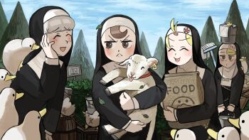 4girls :< :d :o ^_^ animal animal_on_shoulder baby_animal bags_under_eyes bangs_pinned_back barrel bird bird_on_shoulder blonde_hair brown_eyes brown_hair bucket bush carrying chicken cleaning_rag closed_eyes clumsy_nun_(diva) collar commentary crate cross_scar diva_(hyxpk) duck ear_tag english_commentary freckles froggy_nun_(diva) grey_hair habit hand_on_own_cheek hand_on_own_face hedge highres holding holding_animal holding_bucket holding_sack ladder lamb leaf little_nuns_(diva) looking_to_the_side mop multiple_girls nun open_mouth outdoors poster_(object) rubber_band rubber_duck sack scar sheep sheep_nun_(diva) sign sky slice_of_life smile spicy_nun_(diva) star_(symbol) sticker stool tag tongue tongue_out topknot traditional_nun tree water yellow_eyes