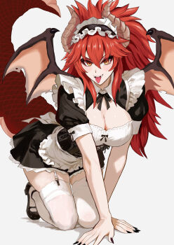 1girl absurdres apron black_nails black_shoes breasts cleavage cleavage_cutout clothing_cutout commentary dragon_girl dragon_horns dragon_tail fangs highres horns indie_virtual_youtuber large_breasts long_hair looking_at_viewer maid maid_apron maid_headdress mary_janes meibin nail_polish open_mouth ponytail red_hair shoes smile solo tail thighhighs tongue tongue_out virtual_youtuber white_thighhighs yellow_eyes zentreya zentreya_(dragon)