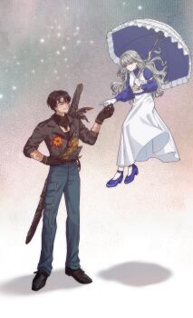 1boy 1girl belt black_belt black_gloves black_hair black_jacket black_neckerchief black_shoes blue_belt blue_eyes blue_pants blue_shirt blue_umbrella burn_scar commentary_request denim dog_tags dress floating frilled_umbrella frills full_body gloves grey_background grey_hair grin hand_on_own_hip highres holding holding_hands holding_umbrella j_(reverse:1999) jacket jeans korean_commentary long_dress long_hair looking_at_another mole mole_under_eye neckerchief oc_x_canon original pai1999ag pants reverse:1999 scar scar_on_face shirt shoes short_hair smile umbrella umbrella_over_shoulder weapon weapon_on_back white_dress white_gloves