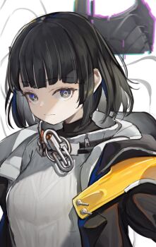 1girl arknights arknights:_endfield black_hair breasts closed_mouth commentary diamond-shaped_pupils diamond_(shape) driftingtiger endministrator_(arknights) english_commentary female_endministrator_(arknights) highres jacket looking_at_viewer medium_breasts medium_hair solo symbol-shaped_pupils upper_body