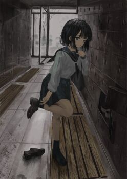 1girl absurdres adjusting_footwear bag black_bag black_hair black_neckerchief black_sailor_collar black_socks blue_eyes blue_skirt commentary eliot_(eokaitekaite969) full_body highres indoors loafers locker locker_room long_sleeves looking_at_viewer neckerchief original pleated_skirt sailor_collar school_bag school_uniform serafuku shirt shoes short_hair single_shoe skirt socks solo standing standing_on_one_leg tile_floor tiles unworn_shoes white_shirt
