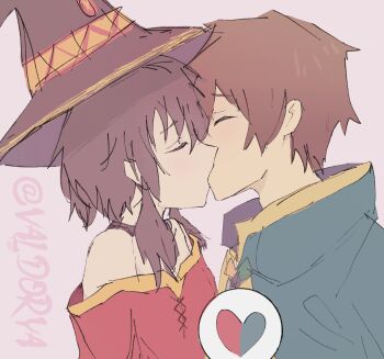 1boy 1girl artist_name brown_hair closed_eyes commentary english_commentary french_kiss from_side hat heart hetero highres kiss kono_subarashii_sekai_ni_shukufuku_wo! megumin non-web_source pink_background satou_kazuma self-upload short_hair simple_background source_request upper_body valdorya witch_hat