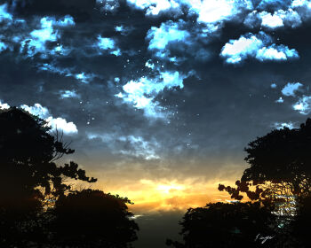 chinese_commentary cloud cloudy_sky commentary_request evening mixed-language_commentary nature no_humans original outdoors saya_(pixiv6311273) scenery signature silhouette sky sky_focus sunset tree