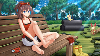 Rule 34 | 1girl, bare arms, bare shoulders, barefoot, bench, bike shorts, black shorts, blue eyes, blue sky, boots, breasts, brown hair, camisole, cleavage, closed mouth, cloud, collarbone, day, feet, gen 3 pokemon, hair ribbon, hairband, high ponytail, highres, industrial pipe, kazenokaze, may (pokemon), medium breasts, minun, mountain, nintendo, on bench, outdoors, park bench, plusle, pokemon, pokemon (creature), pokemon oras, ponytail, red camisole, red hairband, red ribbon, red socks, ribbon, seesaw, short shorts, shorts, shorts under shorts, sky, smile, socks, soles, solo focus, tree, unworn boots, unworn socks, white shorts, yellow boots