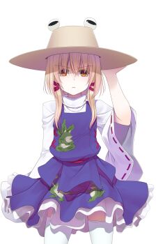 Rule 34 | 1girl, adjusting clothes, adjusting headwear, animal print, arm at side, arm up, blonde hair, brown hat, closed mouth, colored eyelashes, commentary request, cowboy shot, crote, frilled skirt, frills, frog print, hair between eyes, hair ribbon, hat, highres, large variant set, legs apart, long sleeves, looking at viewer, medium hair, moriya suwako, orange eyes, petticoat, purple skirt, purple vest, ribbon, ribbon-trimmed sleeves, ribbon trim, shirt, sidelocks, skirt, solo, standing, tachi-e, thighhighs, touhou, transparent background, turtleneck, turtleneck shirt, v-shaped eyebrows, variant set, vest, white shirt, white thighhighs