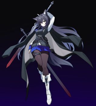 1girl absurdres animal_ears arknights black_hair black_pantyhose black_tail blue_gloves blue_shorts boots breasts fingerless_gloves gloves grey_vest hair_between_eyes highres medium_breasts official_alternate_costume orange_eyes pantyhose shirt short_shorts shorts sigma_zan solo tail texas_(arknights) texas_the_omertosa_(arknights) thighs vest white_boots white_shirt wolf_ears wolf_girl wolf_tail