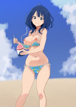 1girl beach bikini blue_bikini blue_eyes blue_hair breasts food highres ice_cream large_breasts legs looking_at_viewer make_heroine_ga_oo_sugiru! medium_hair navel nipples smile solo swimsuit thighs unworn_bikini_top wardrobe_malfunction yanami_anna