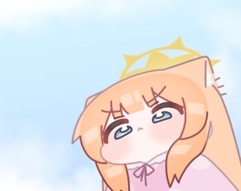 1girl animal_ear_fluff animal_ears blue_archive blue_sky blunt_bangs blush chibi day from_below halo highres horuhara long_hair looking_down mari_(blue_archive) neck_ribbon no_nose orange_hair outdoors pajamas pink_pajamas polka_dot polka_dot_pajamas ribbon sky solo v-shaped_eyebrows yellow_halo