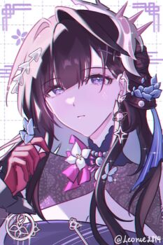 1girl alternate_costume black_hair charm_(object) colored_inner_hair commentary earrings english_commentary gem gloves grid_background hair_intakes hair_ornament honkai:_star_rail honkai_(series) hysilens_(honkai:_star_rail) jewelry leonie28 multicolored_hair necklace pearl_(gemstone) solo sparkle x_hair_ornament