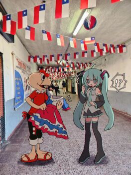!? 1boy 1girl :3 ^^^ ahoge andean_condor aqua_eyes aqua_necktie bald bare_shoulders bird_boy black_eyes black_footwear black_pants black_sleeves boots breasts chilean_dress chilean_flag chilean_flag_print collared_dress collared_shirt condorito condorito_(character) detached_sleeves dress feathers flag_dress frilled_dress frills grey_shirt hair_between_eyes hatsune_miku highres holding holding_unworn_clothes holding_unworn_dress imminent_forced_dressing index_finger_raised long_hair miniskirt multicolored_dress narrow_waist necktie number_tattoo open_mouth pants pants_rolled_up patchwork_clothes pleated_skirt pointing pointing_at_self real_world_location red_feathers red_shirt ri_(qrcode) sandals shirt shoulder_tattoo skinny skirt sleeveless sleeveless_shirt small_breasts smile spoken_interrobang surprised tattoo thigh_boots thighhighs twintails unworn_dress very_long_hair vocaloid zettai_ryouiki