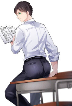1boy aru16 ass black_pants blurry blurry_foreground book commentary_request desk gokuto_jihen green_eyes highres kinoshita_(gokuto_jihen) looking_at_viewer male_focus open_book pants school_desk shirt sitting solo white_background white_shirt