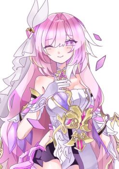 1girl ;) bare_shoulders black_shorts breasts cleavage corset diamond-shaped_pupils diamond_(shape) elysia_(herrscher_of_human:_ego)_(honkai_impact) elysia_(honkai_impact) gloves hashtag-only_commentary honkai_(series) honkai_impact_3rd large_breasts long_hair mijinkomalon multicolored_hair one_eye_closed pink_hair purple_eyes short_shorts shorts smile solo symbol-shaped_pupils triquetra two-tone_hair very_long_hair white_corset white_gloves white_hair