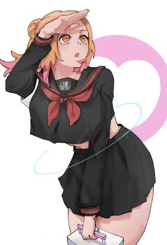 1girl black_sailor_collar black_serafuku black_shirt black_skirt bleach box breasts colored_tips crop_top hair_bun half_updo highres holding holding_box inoue_orihime large_breasts midriff multicolored_hair neckerchief official_alternate_costume official_alternate_hairstyle orange_eyes orange_hair parted_bangs parted_lips pleated_skirt red_hair red_neckerchief sailor_collar school_uniform serafuku shading_eyes shirt sidelocks skirt solo two-tone_hair zn_66