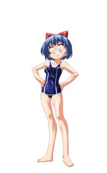 1girl ^_^ anime_coloring barefoot blue_hair blue_one-piece_swimsuit bow bow_hairband breasts clenched_teeth closed_eyes collarbone full_body game_asset hair_bow hairband hands_on_own_hips highres mahotama maki_daikichi medium_breasts mei_(mahotama) official_art one-piece_swimsuit red_bow school_swimsuit short_hair simple_background smile solo standing swimsuit tachi-e teeth third-party_source transparent_background visual_novel_cg