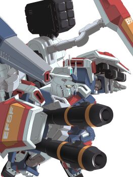 Rule 34 | aiming, arm cannon, beam cannon, commentary request, dual arm cannons, earth federation, earth federation space forces, full armor gundam, gundam, gundam thunderbolt, highres, machinery, mecha, mecha focus, missile pod, mobile suit, robot, roundel, science fiction, shield, tei-o, upper body, v-fin, weapon, white background, yellow eyes