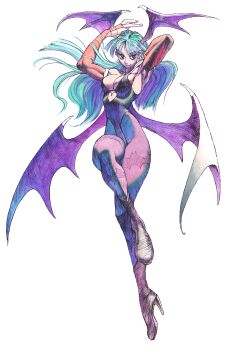 Rule 34 | 1girl, animal print, aqua eyes, aqua hair, armpits, arms behind head, arms up, bare shoulders, bat print, bat wings, bengus, black boots, black leotard, boots, breasts, bridal gauntlets, cleavage, closed mouth, clothing cutout, darkstalkers, demon girl, floating hair, full body, game cg, head wings, heart cutout, high heel boots, high heels, highleg, highleg leotard, highres, leotard, long hair, long legs, looking at viewer, low wings, medium breasts, morrigan aensland, narrow waist, non-web source, official art, painting (medium), pantyhose, print pantyhose, purple pantyhose, retro artstyle, sideboob, simple background, smile, solo, thighs, traditional media, watercolor (medium), white background, wings