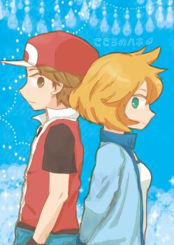 1boy 1girl a-rinko arms_behind_back back-to-back bad_id bad_pixiv_id baseball_cap brown_eyes brown_hair denim green_eyes hat jacket misty_(pokemon) nintendo one-piece_swimsuit orange_hair pokemon pokemon_frlg pokemon_hgss red_(pokemon) shirt short_hair short_sleeves smile swimsuit